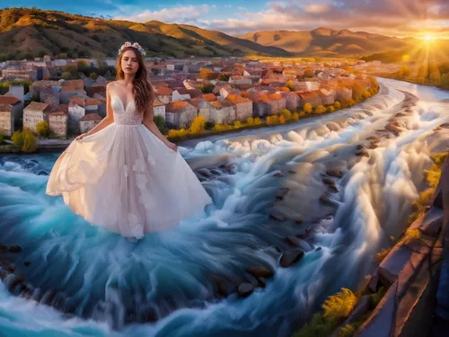 fantasy picture,girl on the river,bridal veil,flowing water,world digital painting,celtic woman,bridal veil fall,wedding photography,photo manipulation,wedding photographer,photoshop manipulation,image manipulation,girl in a long dress,wedding dress,digital compositing,splash photography,wedding photo,wedding gown,photomanipulation,bridal dress