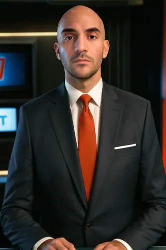 Bald News anchor, TV studio, Breaking News, show, realistic,,a black man on a suit,real estate agent,ceo,joe iurato,ufc,business man,the suit,nba,alpha,tv reporter,suit,head coach,dj,sports commentato