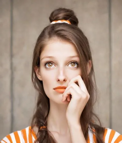 applying make-up,vintage makeup,women's cosmetics,make-up,female model,orange,orange color,make up,woman thinking,put on makeup,natural cosmetic,natural cosmetics,woman's face,woman face,portrait of a girl,portrait photographers,girl portrait,eyes makeup,woman eating apple,young woman