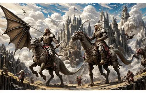 two knights riding horses with a dragon on a path,dragonlance,dragonriders,rohirrim,heroic fantasy,beleriand,dragones