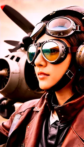 Vintage airplane, propeller plane, World War II era, worn-out metal body, rusty engines, old-fashioned cockpit, pilot goggles, leather jacket, nostalgic atmosphere, warm sepia tone, soft focus, shallo