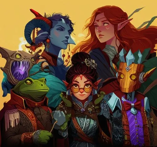  D&D party of adventurers
,two women and one man dressed in costumes are depicted,adventurers,paladins,aesulapian staff,familiars,group photo,summoners,the dawn family,priesthoods,azeroth,guardians,so