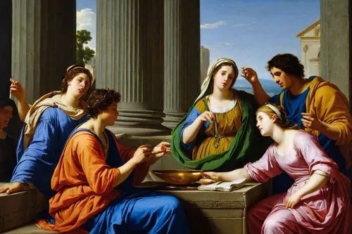 Output,a painting of a group of people feeding some food,parmigianino,school of athens,domenichino,emmaus,raphaelites,the annunciation,apollo and the muses,carracci,scagliola,principios,herodias,paloc