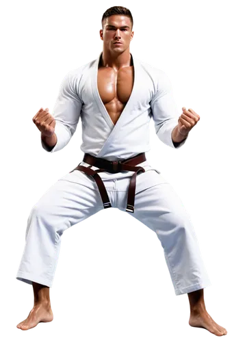 Muscular man, judo uniform, strong chest, defined waist, powerful legs, white gi, brown belt, intense facial expression, sweat droplets, dynamic pose, low-angle shot, dramatic lighting, shallow depth 