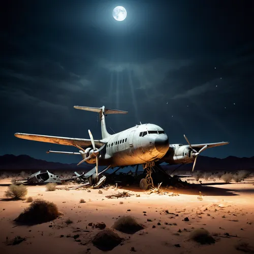 Desert airplane graveyard, moonlight, spooky,cargo plane,crash landing,photo manipulation,lunar prospector,digital compositing,plane wreck,cargo aircraft,dornier 328,air new zealand,desert background,