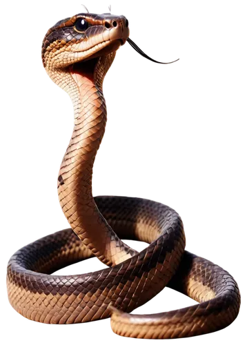 Cobra, snake, solo, vertical posture, raised hood, forked tongue out, scaly skin, brown and tan patterns, coiled body, morning sunlight, shallow depth of field, warm color tone, cinematic lighting, cl