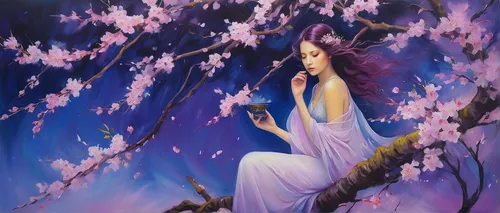 lilac tree,wisteria,lilac blossom,japanese sakura background,the cherry blossoms,sakura tree,cherry blossom tree,cherry tree,blossoming apple tree,jasmine blossom,sakura cherry tree,cherry trees,willow flower,sakura blossom,girl in flowers,cherry blossoms,fantasy picture,faerie,sakura background,flower fairy,Illustration,Realistic Fantasy,Realistic Fantasy 30