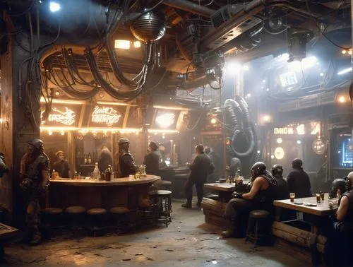 realistic dusty dingey grimey retro post futurism industrial scifi bar, atmospheric volumetric light crowded miner's bar
,drinking establishment,tavern,unique bar,concept art,the coffee shop,rosa cant