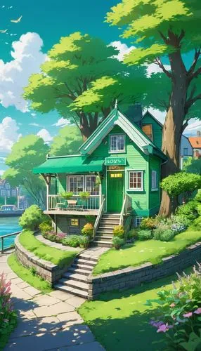 summer cottage,house by the water,butka,cartoon video game background,cottage,home landscape,idyllic,little house,ghibli,house with lake,studio ghibli,hoenn,dreamhouse,houseboat,ponyo,small house,bungalow,greenhut,lonely house,beautiful home,Illustration,Japanese style,Japanese Style 03