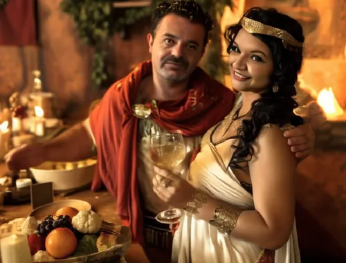 a man and woman dressed in ancient garb posing for a po,satyavati,drona,ashur,poppaea,dorne,bergersen