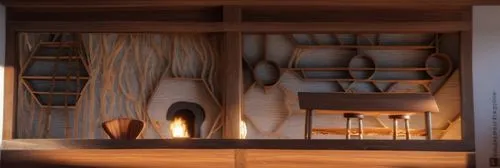 UNA BIBLIOTECA CON ESTANTES EXAGONALES, SILLONES, MESA DE TALLER ,fireplace,wooden sauna,fire place,fireplaces,inglenook,japanese-style room,3d rendering,3d render,renders,interior modern design,inter