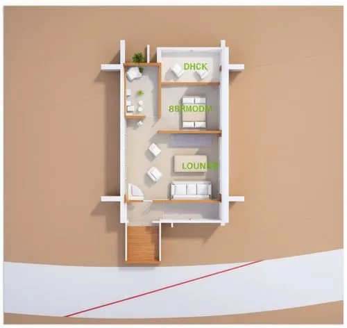 top view of a modern one - bedroom house with an upstairs bedroom and stairs on beige background,floorplan home,habitaciones,aircell,smart home,microenterprise,heat pumps,Photography,General,Realistic