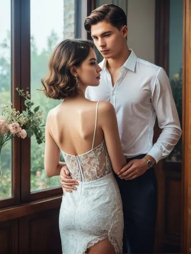 Create an elegant couple in love that will show off your best work.,a man and a woman posing near a window,wedding photo,wedding couple,pre-wedding photo shoot,elopement,maxon,dancing couple,Photograp