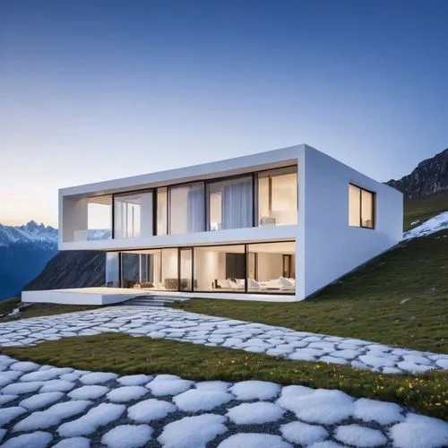 house in mountains,house in the mountains,cubic house,alpine style,swiss house,svizzera,modern house,modern architecture,mountain hut,snow roof,snow house,glickenhaus,dunes house,architettura,architektur,roof landscape,alpine landscape,switzerland chf,dolomite,avalanche protection