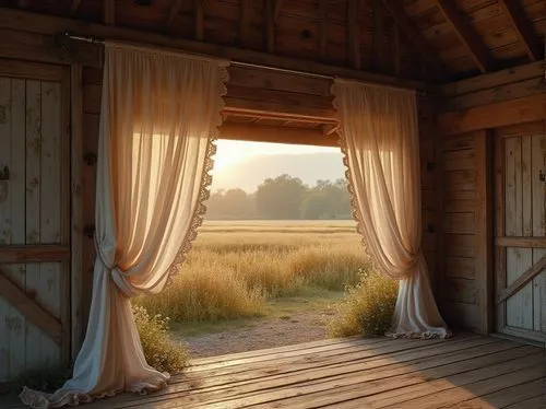 window curtain,a curtain,curtain,windows wallpaper,curtains,bed in the cornfield,valances,home landscape,cabane,morning light,rustic aesthetic,landscape background,wooden door,wooden windows,wooden hut,golden light,rustic,open door,gable field,goldenlight,Photography,General,Realistic