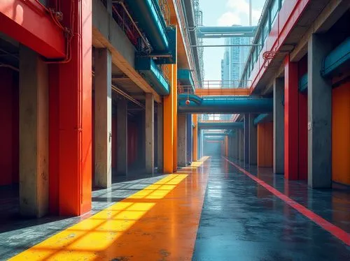 Vibrant industrial landscape, abstract geometric forms, bold primary colors, contrasting textures, exposed ductwork, steel beams, concrete columns, urban cityscape, modernist architecture, asymmetrica