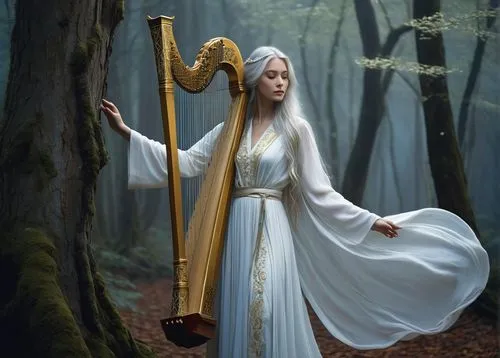 celtic harp,priestess,harp player,ancient harp,estess,imbolc,harpist,angel playing the harp,sorceress,galadriel,nihang,fantasy picture,mystical portrait of a girl,sigyn,mythographer,tuatha,elenore,faires,druidry,harp,Illustration,Paper based,Paper Based 05