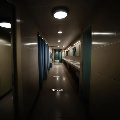 With two bathroom stalls next to door way with lights on the ceiling ,this is an empty public restroom with no shower curtain,corridor,corridors,hallway,hospital ward,psychiatrie,hospital