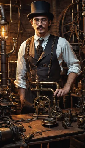 steampunk workshop, creative, gears, brass pipes, leather belts, Victorian clothing, goggles, intricate machinery, copper textures, wooden structures, ambient steam, warm lighting, wide-angle lens, dy