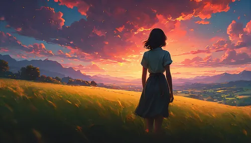 world digital painting,horizon,summer evening,dusk,the horizon,digital painting,escapism,blooming field,evening atmosphere,ghibli,girl walking away,landscape background,dusk background,sky,dawn,prairie,pastoral,cielo,daybreak,studio ghibli,Photography,General,Fantasy