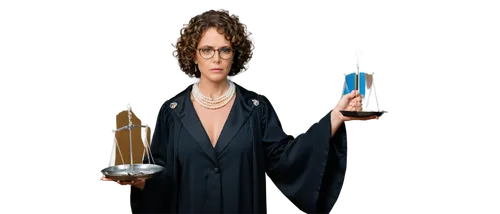 Legal lady, judge, solo, (40yo), mature makeup, curly brown hair, glasses, formal black robe, white collar, pearl necklace, holding scales, standing, elegant, realistic, softbox lighting, 3/4 composit