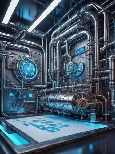 Modern flow diagram architecture, futuristic laboratory, white walls, minimalist decor, sleek lines, neon blue accents, holographic screens, robotic arms, metallic surfaces, LED lights, cables, wires,