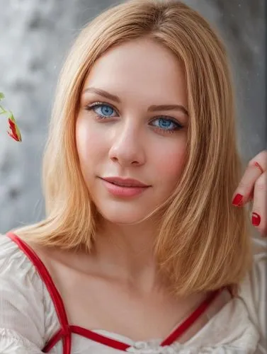 The canvas is filled with a stunning portrait of a beautiful caucasian girl, aged 23 years old, wearing a fiery red dress and holding a bouquet of grapes. Her blue eyes are bright and beautiful, radia