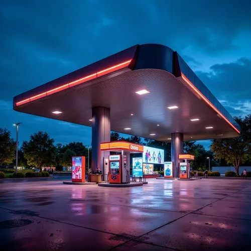 Modern gas station, sleek metal canopy, neon LED lights, futuristic architecture, angular lines, minimalist design, digital signage, high-resolution displays, interactive kiosks, touchless payment sys