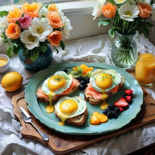 Blooming flowers in a textured oil painting, thick brush strokes, colorful, detailed, art masterpiece, thick textures in a vase on a breakfast tray sitting on a bed, a lovely breakfast of fruit, salmo