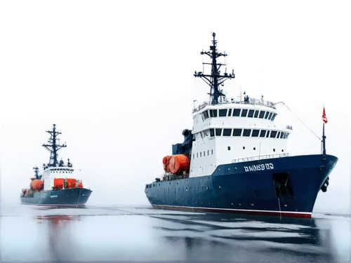 Icebreaker ship, majestic, white and blue hull, sharp bow, three-tiered bridge, radar antennae, lifeboats, cargo cranes, anchor at front, misty ocean air, morning sunlight, low-angle shot, cinematic c