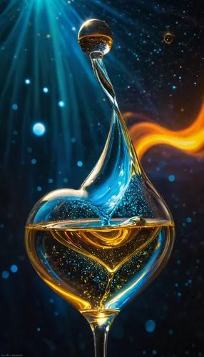 The divine elixir of love flows in luminous intergalactic streams of love.,a glass of wine on a table top with space in the background,decanter,hourglass,flow of time,hourglasses,decanters,bottle fier