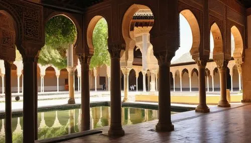 Moorish architecture, Spain, Alhambra palace, intricate Islamic patterns, ornate arches, grand dome, tranquil courtyard, water fountain, lush greenery, orange trees, sunny day, warm light, ancient sto