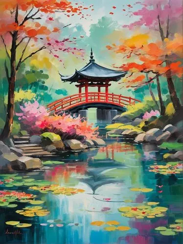 koi pond,japanese garden,japan garden,japan landscape,japanese art,kyoto,chuseok,world digital painting,japanese sakura background,watercolor background,japan,oriental,japanese background,japanese shrine,autumn landscape,koi,painting technique,japanese floral background,oriental painting,autumn in japan,Conceptual Art,Oil color,Oil Color 20