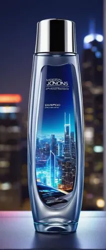 Modern shampoo bottle, sleek architecture design, transparent glass material, silver metallic cap, ergonomic shape, futuristic curves, LED lighting, urban cityscape background, night scene, neon light