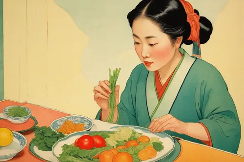 Investigate the effects of poor nutrition on overall well-being.,woman eating apple,japanese woman,japanese cuisine,japanese culture,oriental painting,okinawan cuisine,kaiseki,korean royal court cuisi