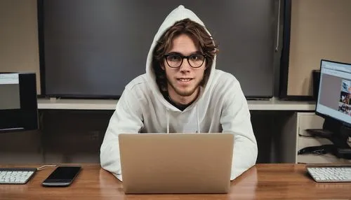 Young adult, Reddit user, split face, surprised expression, one side smiling, other side serious, messy brown hair, black framed glasses, light beard, white hoodie, casual jeans, sneakers, sitting, de