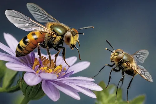 Craft a humorous dialogue between two wedge-spot hover flies discussing their favorite flowers,honey bees,honeybees,hover fly,apis mellifera,western honey bee,syrphid fly,bees,flower fly,pollination,b