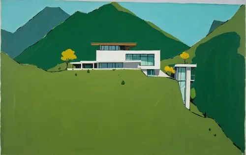 modern minimalist high-end architecture.Exterior. A landscape with green mountains in the background,a painting that looks like the view of a house on top of a hill,glucksman,corbusier,hockney,savoye,