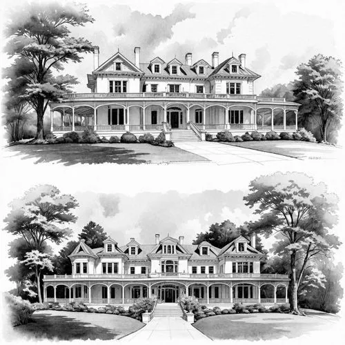 watercolor painting of Madame CJ Walker's Mansion Villa Lewaro in Livingston NY ;  Design Sketch-Detailed Outline ,two black and white illustrations of large mansions,houses clipart,elevations,renderi