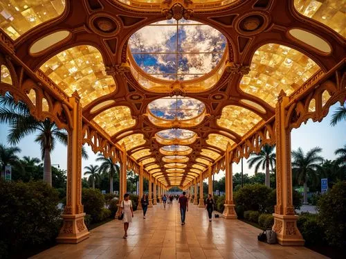 gaudi park,walkway,park güell,winter garden,esplanades,conservatory,cochere,arcaded,alcazar of seville,galleria,belek,royal palms,promenade,dubai garden glow,sentosa,tokyo disneyland,pergola,montecarlo,carousels,ringling