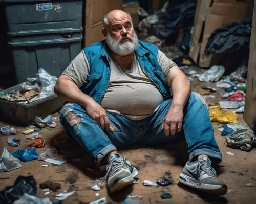 Ugly, fat, old man, balding, grey beard, thick eyebrows, wrinkles, sloppy clothes, stained shirt, ripped jeans, worn-out sneakers, sitting, slouching, lazy pose, messy background, dirty floor, trash s