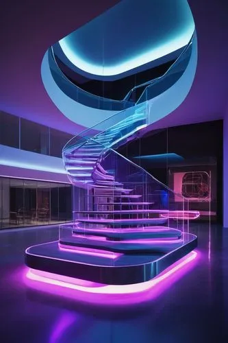 futuristic art museum,ufo interior,staircase,spiral staircase,winding staircase,winding steps,cinema 4d,staircases,wavevector,sky space concept,tron,turrell,graecorum,plasma lamp,semitransparent,futuristic architecture,escaleras,3d background,electroluminescent,stair,Unique,3D,Modern Sculpture