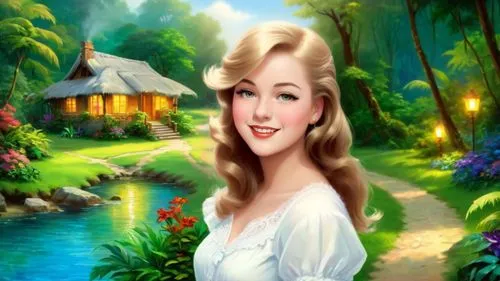 Romantic masterpiece oil painting, cute girl portrait, nostalgic 1950's style kitsch, vibrant rainforest bungalow landscape, lush tropical jungle paradise, summer beach scenery, by Thomas Kinkade, by 