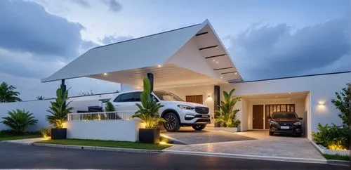 CAR PORCH DESIGN FOR HOUSE,WITH SLOPING GRILL FOR ELEVATED FLOOR,SCOOTER IS PARKED NEAR TO CAR,a car is parked outside a luxurious home,cube house,cubic house,folding roof,modern house,carports,carpor