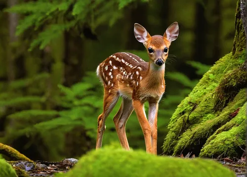 Sitka blacktail fawn walking with determination in Southeast Alaska,deer-with-fawn,deer with cub,young deer,fawn,baby deer,fallow deer cub,white-tailed deer,fawns,young-deer,bambi,roe deer,whitetail,m