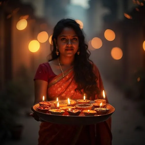 Indian woman stading outdoor with a thaali full of diyas on the occasion of Diwali,the woman in her traditional attire is holding up a tray of lit candles,diwali,divali,deepawali,diwali festival,poorn