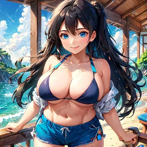 mai,beach background,atago,kiana,summer background,longmei,Anime,Anime,Realistic