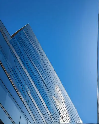 Modern skyscraper, sleek glass facade, reflective windows, chrome frames, sharp angles, urban cityscape, bustling streets, daytime, sunny weather, blue sky with few clouds, subtle gradient of light, s