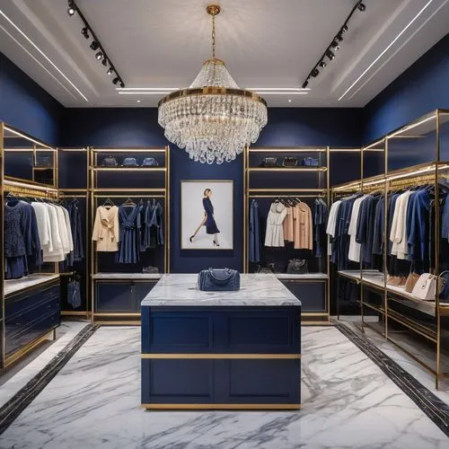 walk-in closet,boutique,dark blue and gold,navy blue,women's closet,showroom,navy,closet,gold bar shop,gold shop,paris shops,men's wear,wardrobe,dress shop,luxury accessories,showcase,shop fittings,tisci,versace,blue room,Photography,General,Natural