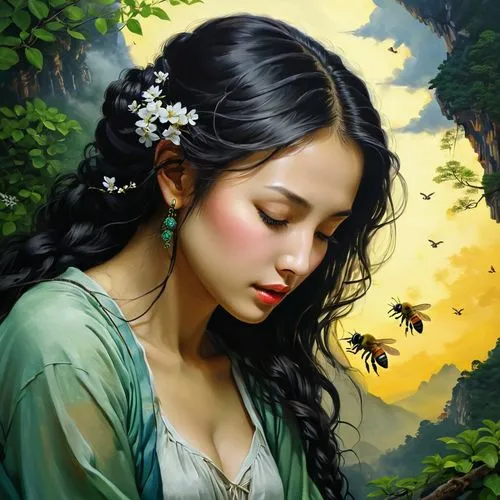 fantasy portrait,jasmine blossom,faerie,faery,diwata,fantasy art,fairie,romantic portrait,mystical portrait of a girl,jasmine,fantasy picture,jasmine flower,fairy tale character,girl in flowers,rosaline,arwen,jasmine flowers,girl picking flowers,florante,vietnamese woman,Illustration,Realistic Fantasy,Realistic Fantasy 30